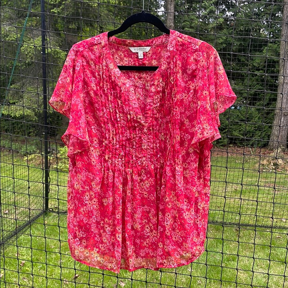 Liverpool Los Angeles Pink Ruched Ruffled Blouse